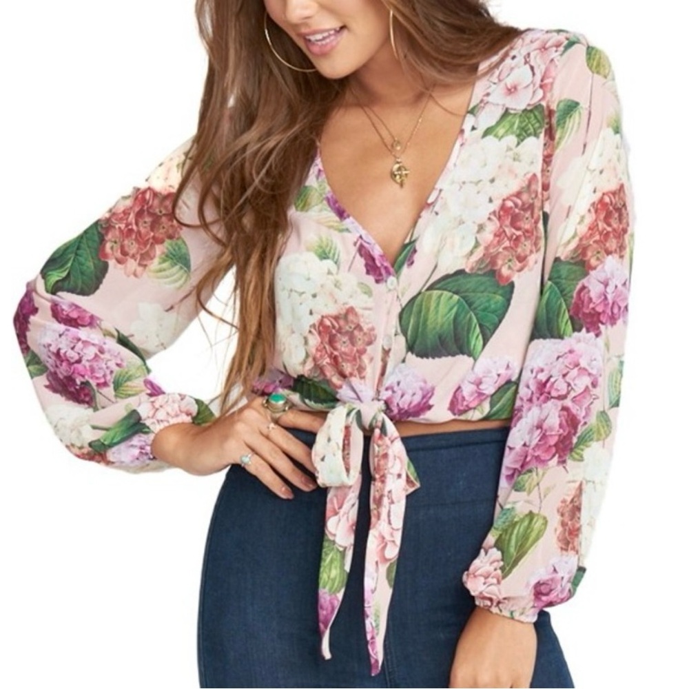 Show Me Your Mumu Floral Pastel Pink Tropical Print Tie Waist Blouse SMYM Size M